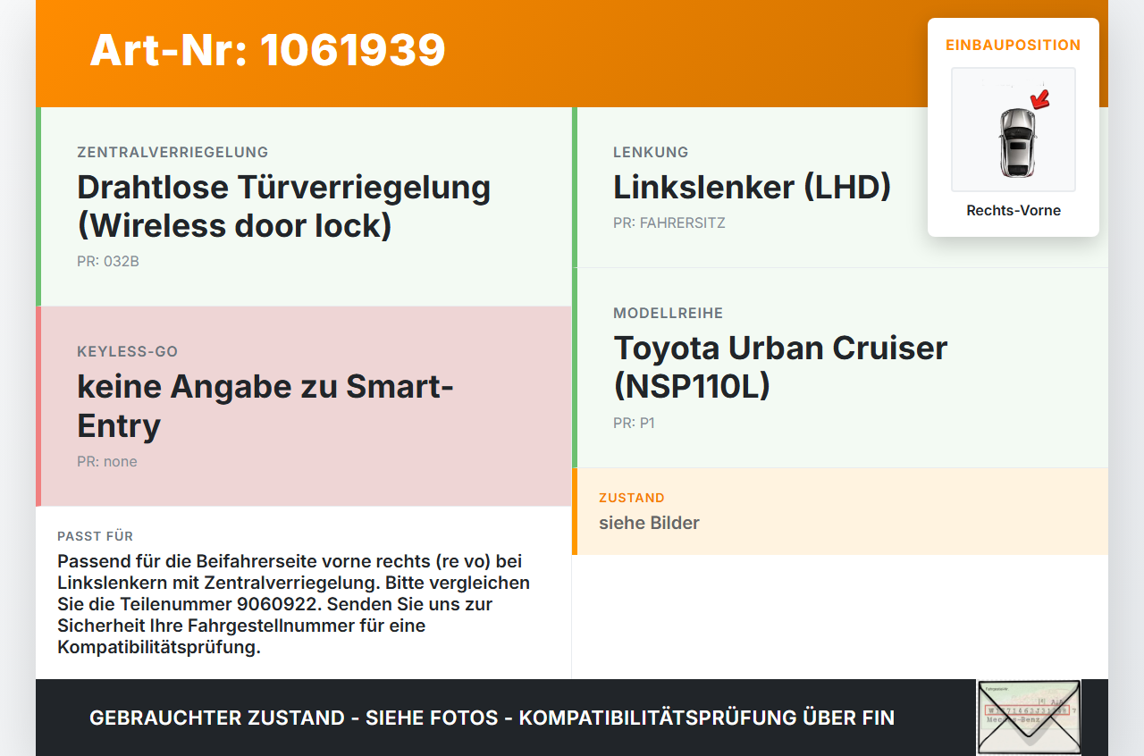 Toyota Urban Cruiser P1 09-14 Türschloss m. ZV Stellmotor Rechts Vorne Toyota Urban Cruiser P1 09-14 21.07.2009... Vorschau 3