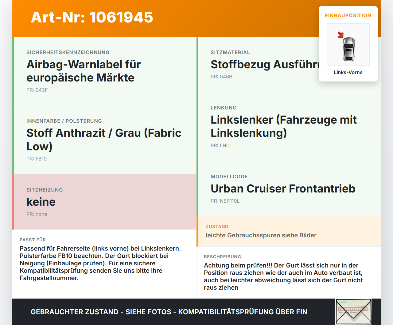 Toyota Urban Cruiser P1 09-14 Gurt Sicherheitsgurt m. Gurtstraffer für Fahrer Links Vorne Toyota Urban Cruiser P1... Vorschau 3