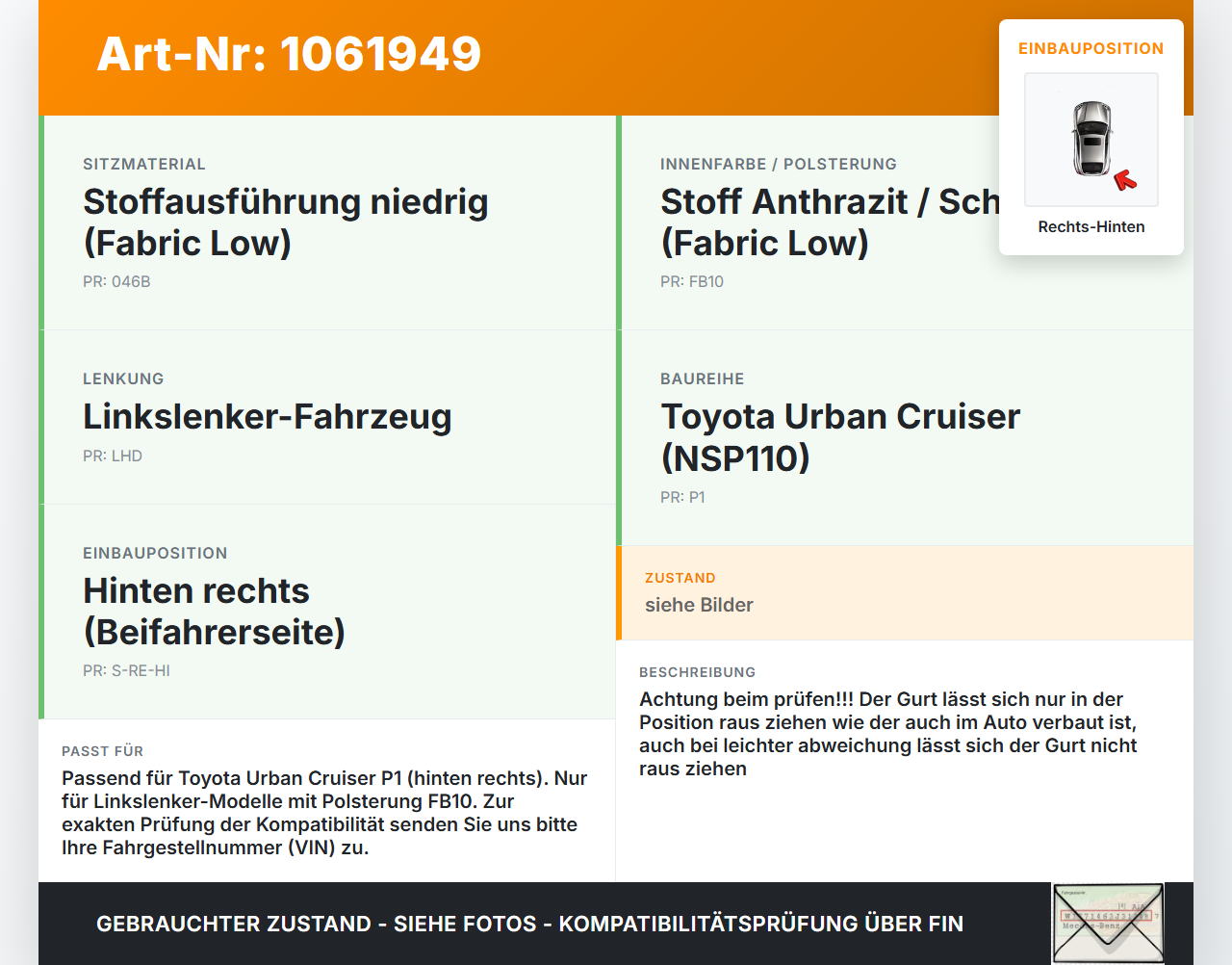 Toyota Urban Cruiser P1 09-14 Sicherheitsgurt Gurt Rechts Hinten Toyota Urban Cruiser P1 09-14 21.07.2009... Vorschau 3