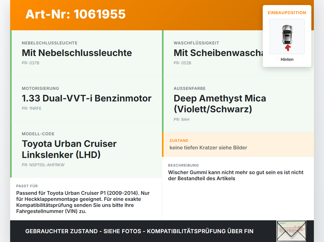 Toyota Urban Cruiser P1 09-14 Scheibenwischer Heckwischer Hinten Wischarm Toyota Urban Cruiser P1 09-14 21.07.2009... Vorschau 3