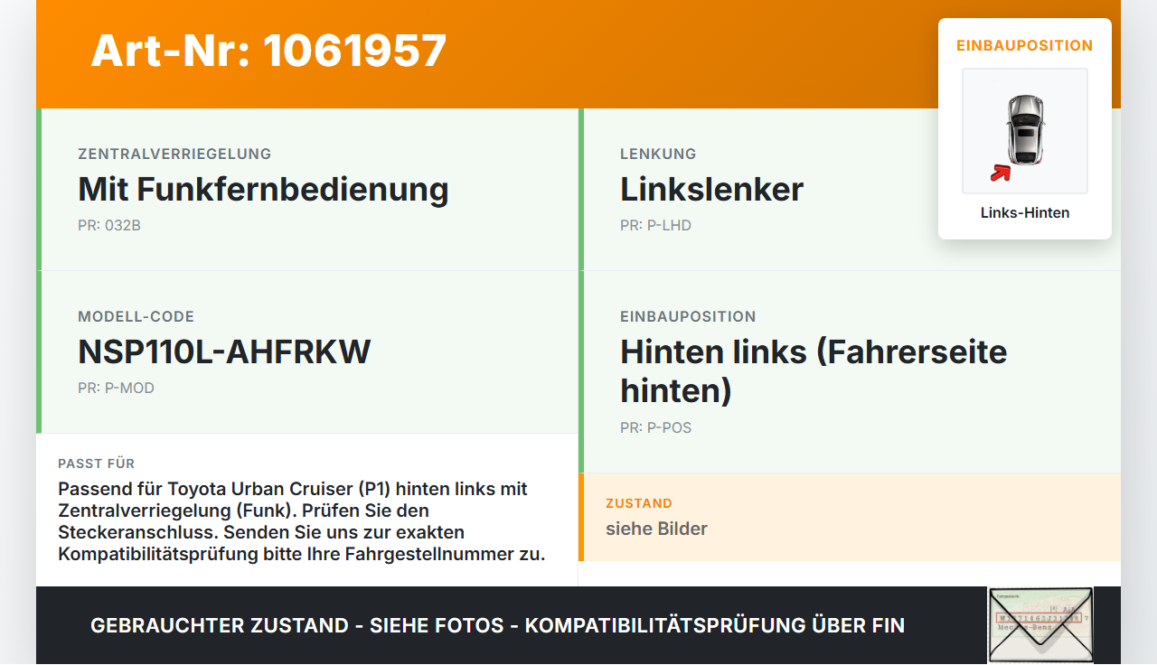 Toyota Urban Cruiser P1 09-14 Türschloss m. ZV Stellmotor Links Hinten Toyota Urban Cruiser P1 09-14 21.07.2009... Vorschau 3