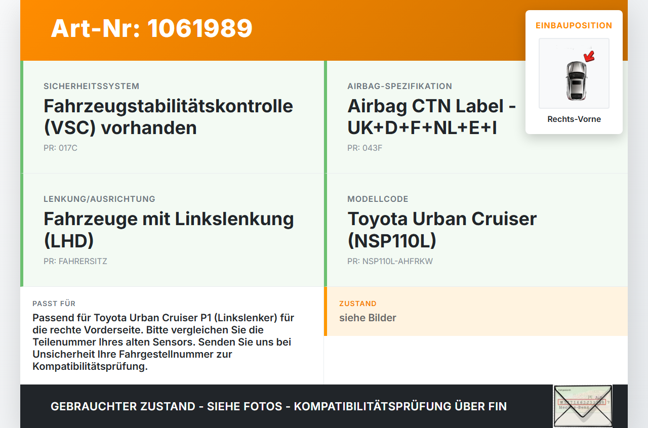 Toyota Urban Cruiser P1 09-14 Airbagsensor Crashsensor Sensor Rechts Vorne Toyota Urban Cruiser P1 09-14 21.07.2009... Vorschau 3