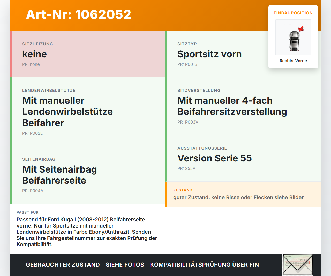 Ford Kuga I 08-12 Sitzbezug Rückenpolster Rechts Vorne für Beifahrer Sitz Ford Kuga I 08-12 05.11.2010 gebraucht Vorschau 3