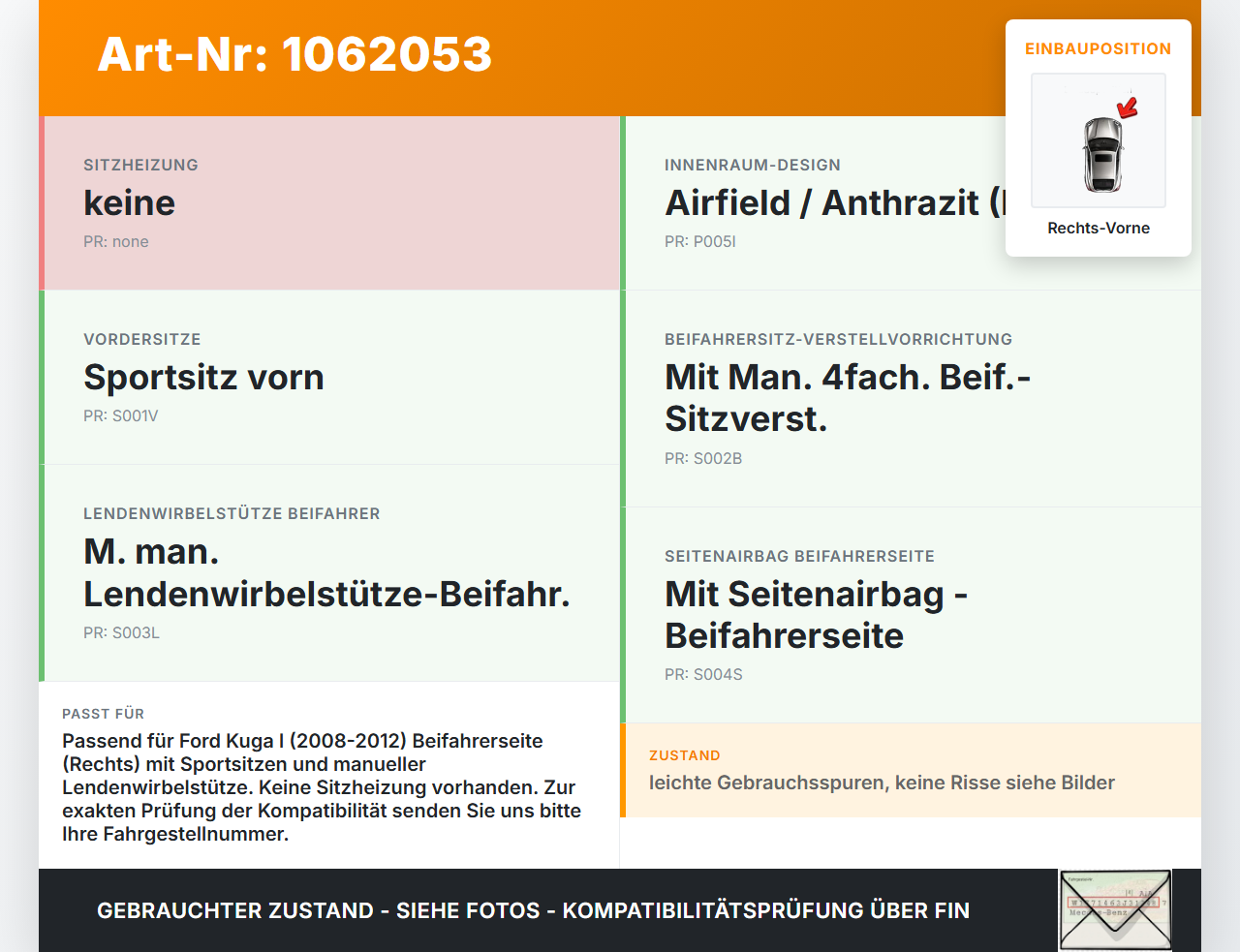 Ford Kuga I 08-12 Sitzbezug Sitzpolster für Beifahrersitz Rechts Vorne Ford Kuga I 08-12 05.11.2010 gebraucht Vorschau 3