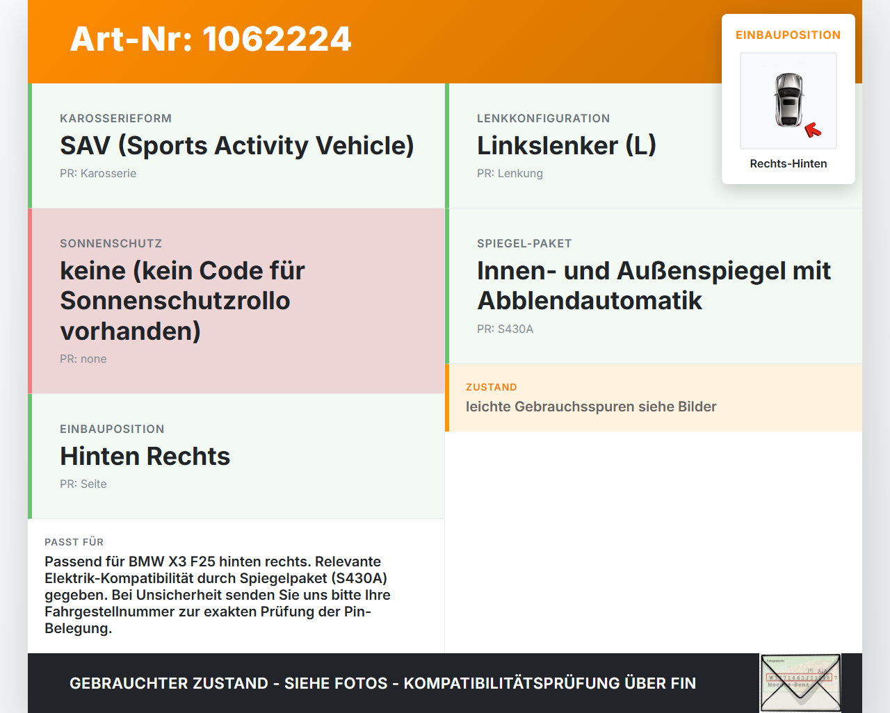 BMW X3 F25 10-14 Fensterhebermotor mit Fensterheber Rechts Hinten BMW X3 F25 10-14 24.01.2013 7258536.9 402364G... Vorschau 3