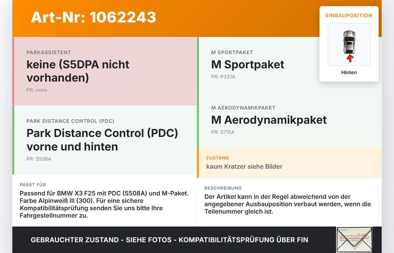 BMW X3 F25 10-14 Abstands Sensor Parksensor PDC Hinten Aussen Pos.2 BMW X3 F25 10-14 24.01.2013 9270497 gebraucht Vorschau 3