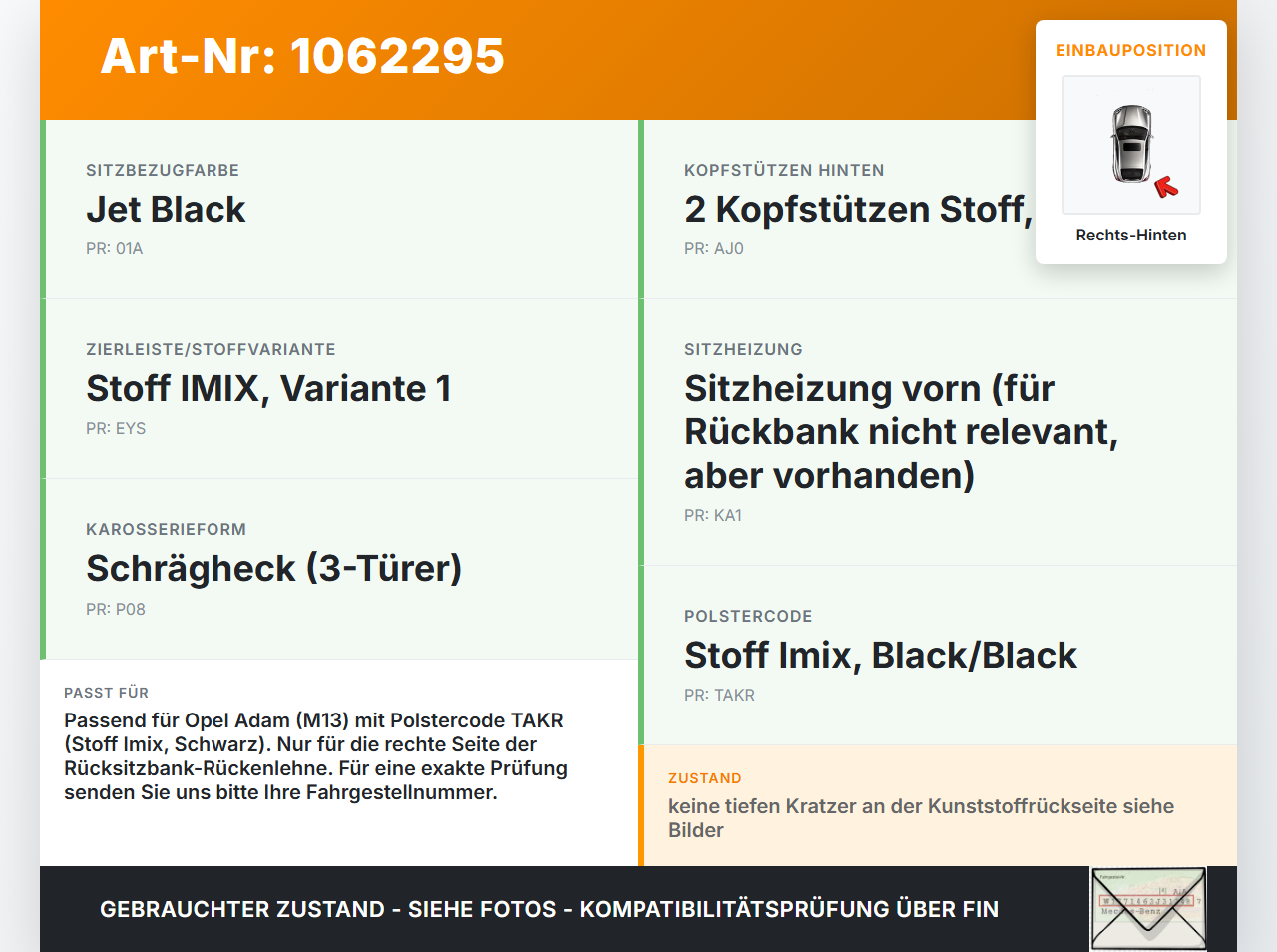 Opel Adam M13 12-19 Sitzbezug Rückenpolster Rechts für Rücksitzbank Hinten Opel Adam M13 12-19 04.10.2013 383733457... Vorschau 3