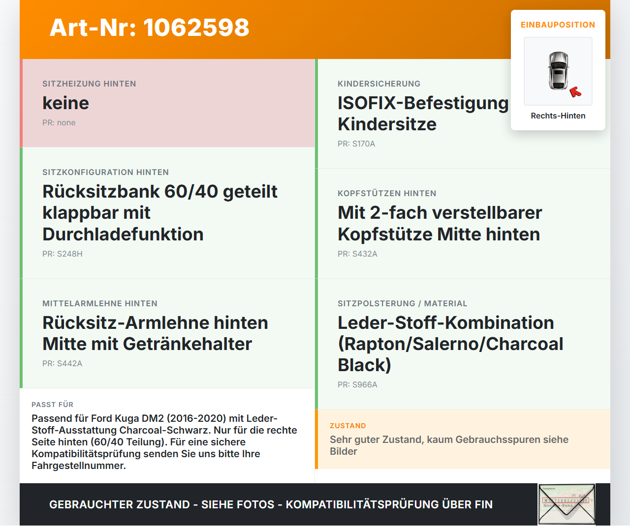 Ford Kuga DM2 16-20 Sitz Rechts Hinten Leder Ford Kuga DM2 16-20 27.12.2018 CJ5A-9662481-A gebraucht Vorschau 3