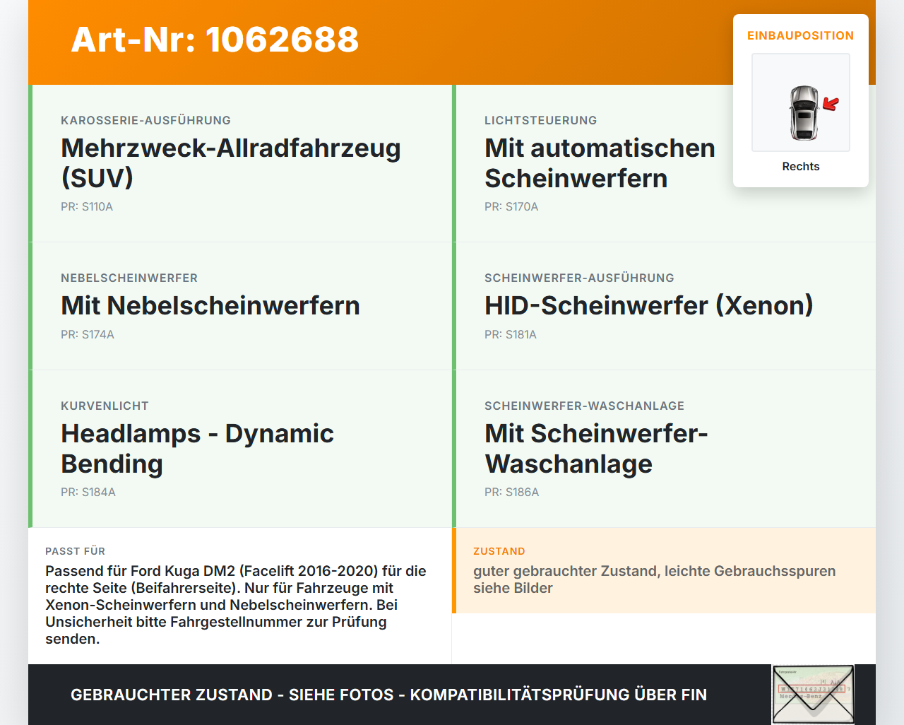 Ford Kuga DM2 16-20 Nebelscheinwerfer Rechts orig Ford Kuga DM2 16-20 27.12.2018 GV44-13B220-A gebraucht Vorschau 3