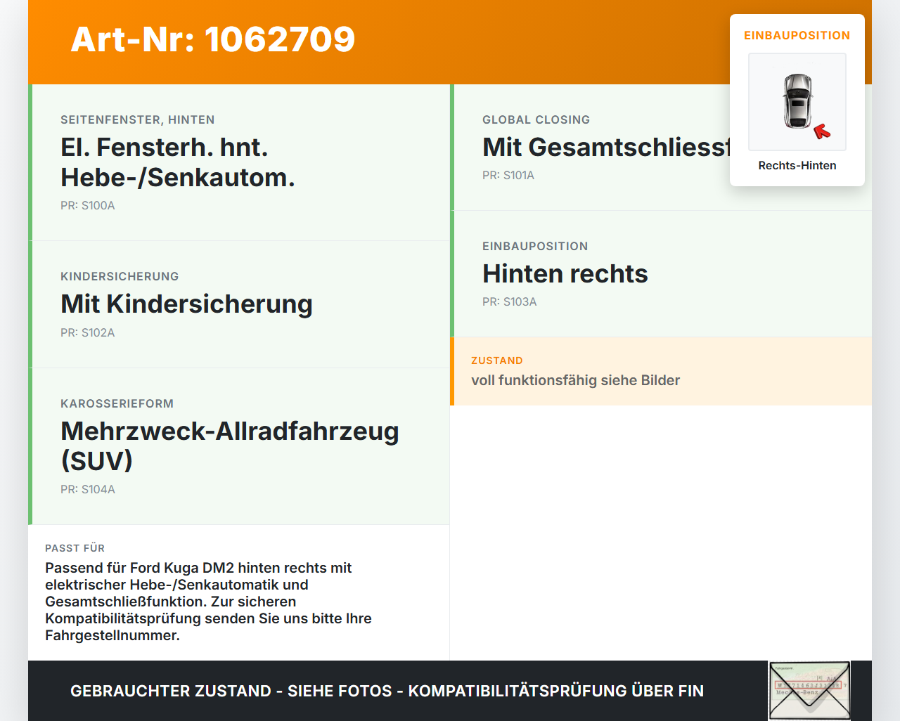 Ford Kuga DM2 16-20 Fensterhebermotor mit Fensterheber Rechts Hinten Ford Kuga DM2 16-20 27.12.2018 CJS4S270008H... Vorschau 3