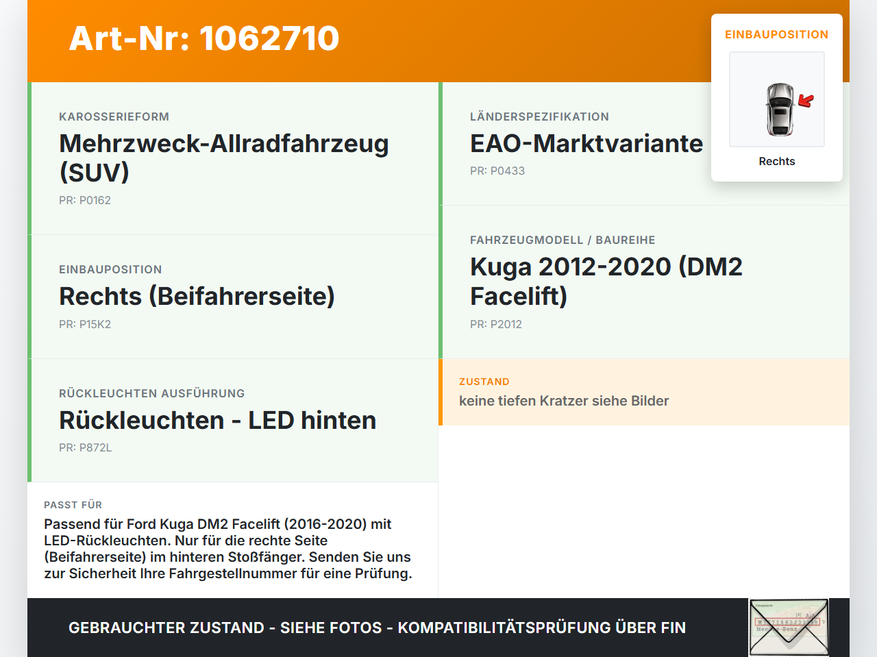 Ford Kuga DM2 16-20 Nebelschlussleuchte Heckleuchte Rechts Ford Kuga DM2 16-20 27.12.2018 CN15-15K272-AD gebraucht Vorschau 3