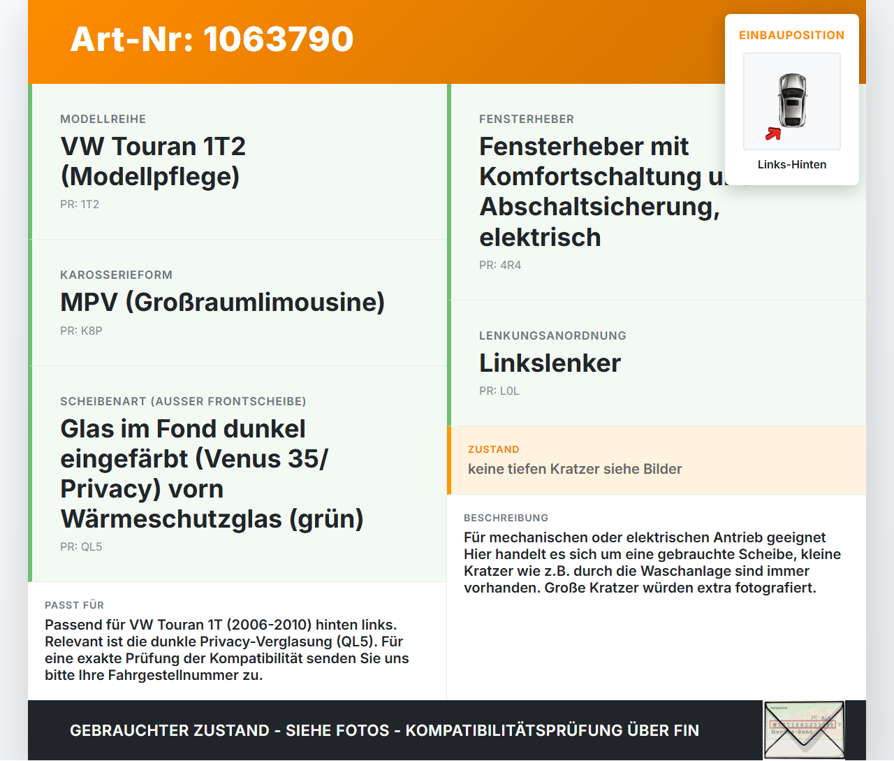 VW Touran 1T 06-10 Seitenscheibe LHK  für Türscheibe Fenster Links Hinten Orig. getönt VW Touran 1T 06-10... Vorschau 3
