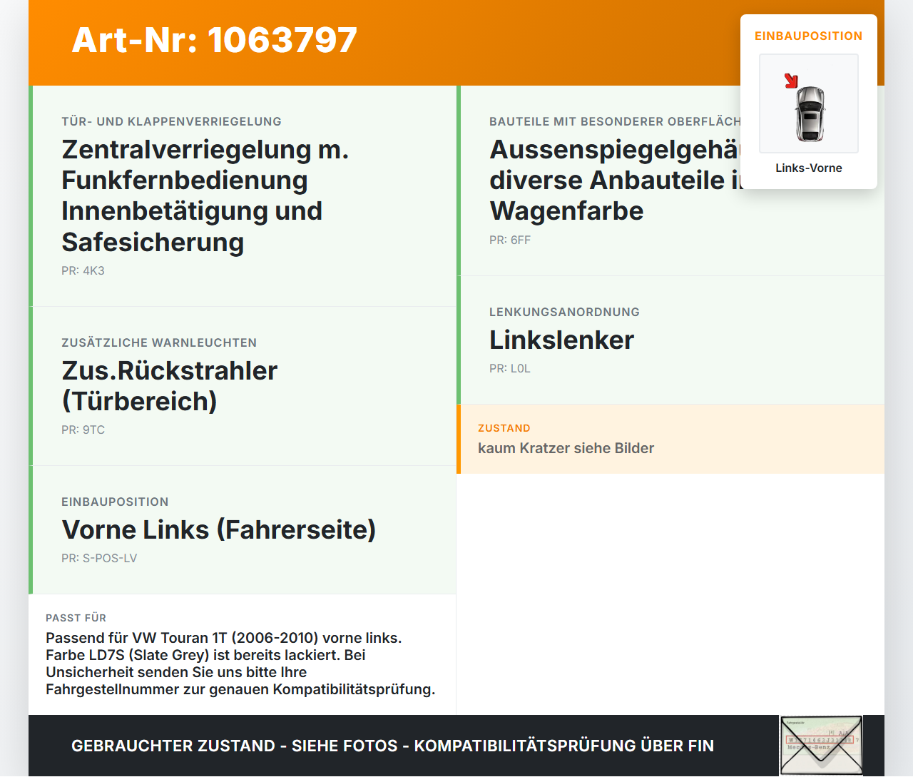 VW Touran 1T 06-10 Türgriff Griff aussen Links Vorne LD7S VW Touran 1T 06-10 06.08.2007 7H0837205D 7H0837205DGRU... Vorschau 3
