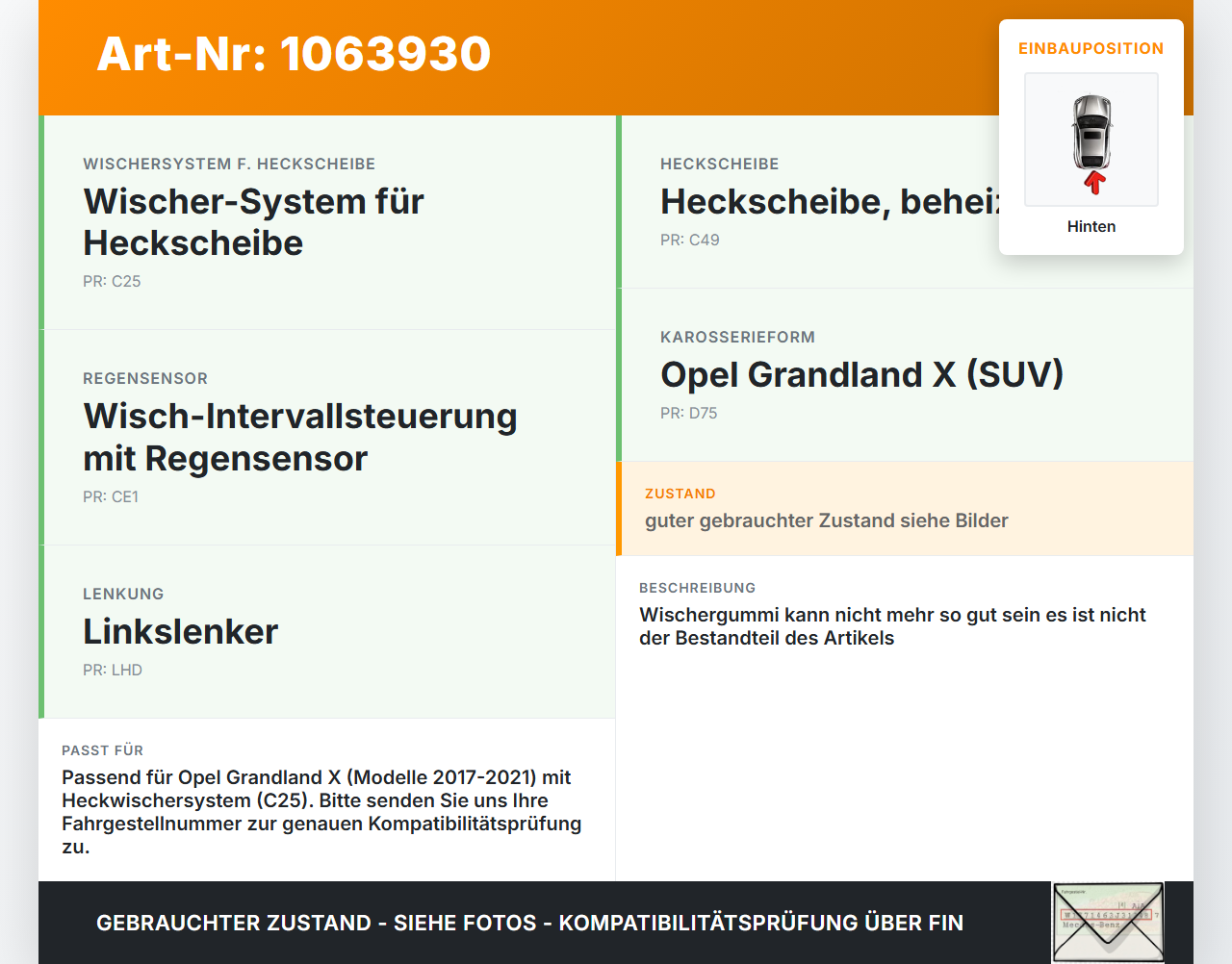 Opel Grandland I 17-21 Heckwischer Scheibenwischer Hinten Wischarm Opel Grandland I 17-21 29.03.2018 YP00152880... Vorschau 3
