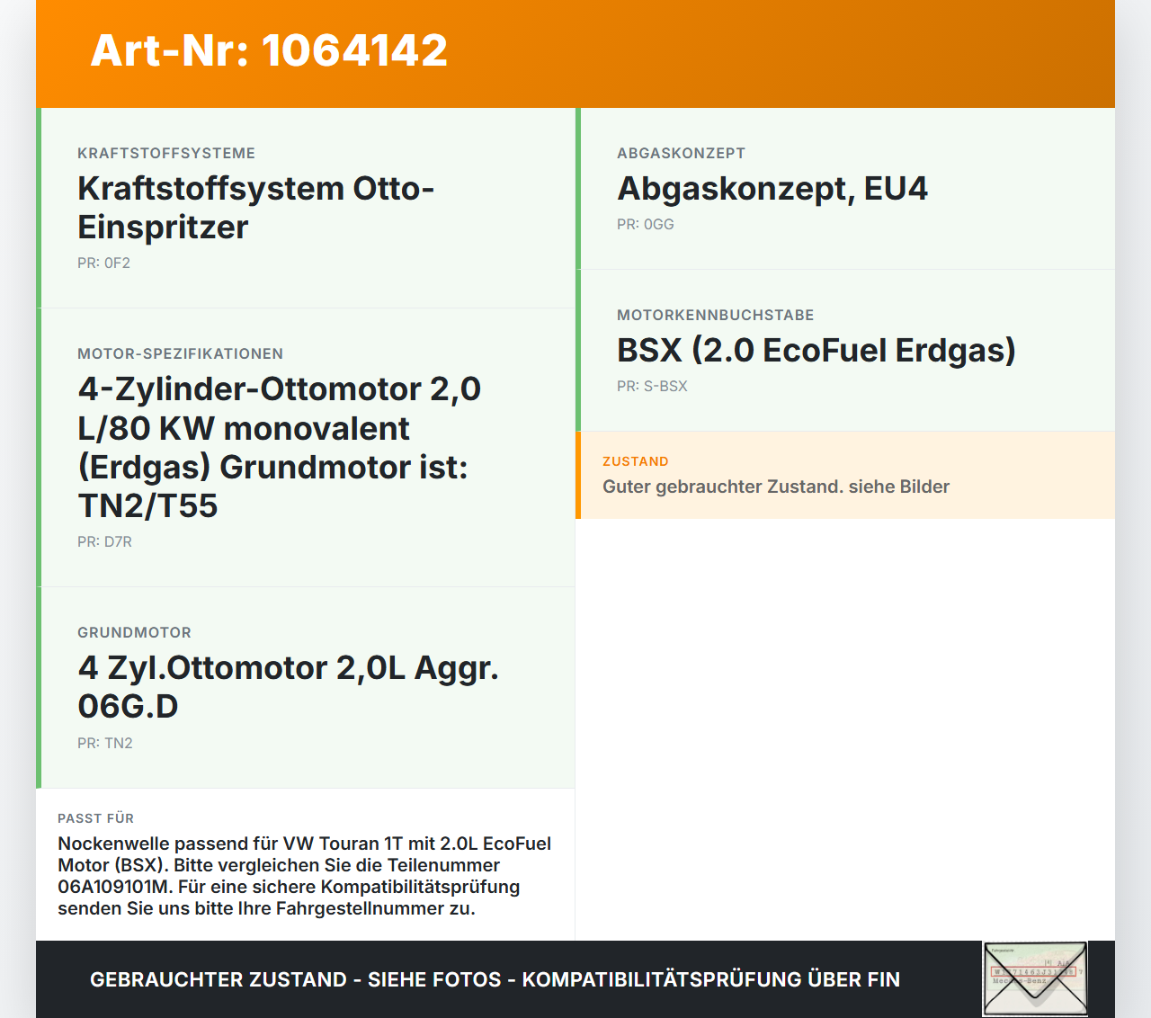 VW Touran 1T 06-10 CNG 2,0 80KW BSX Nockenwelle VW Touran 1T 06-10 06.08.2007 06A109101M gebraucht Vorschau 3