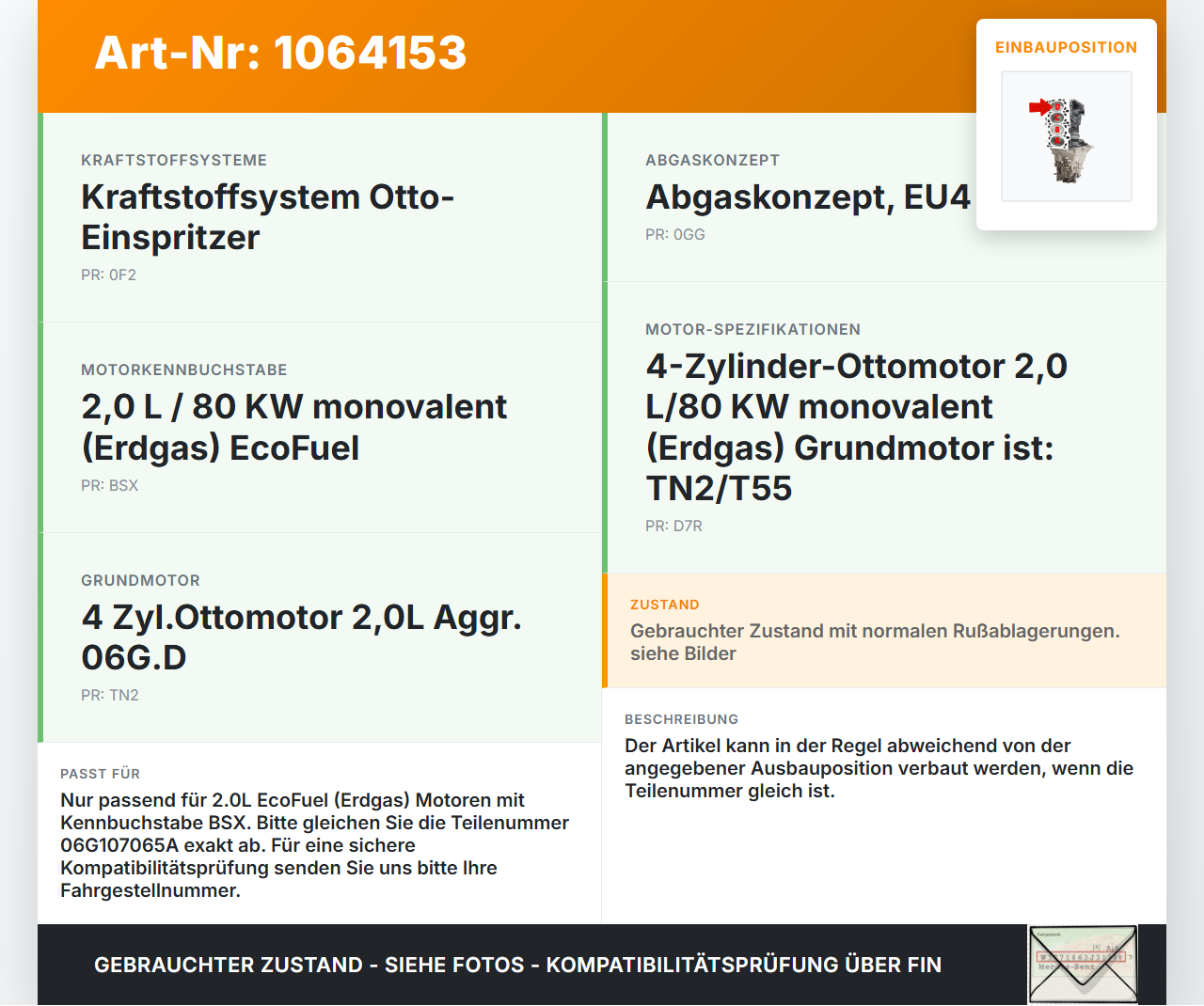 VW Touran 1T 06-10 CNG 2,0 80KW BSX Kolben mit Pleuel Pos D VW Touran 1T 06-10 06.08.2007 06G107065A gebraucht Vorschau 3