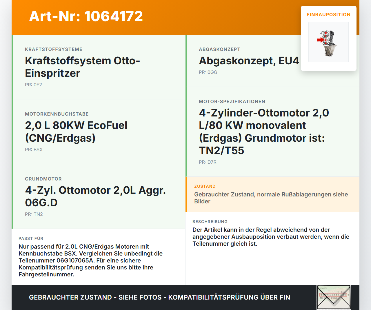 VW Touran 1T 06-10 CNG 2,0 80KW BSX Kolben mit Pleuel Pos B VW Touran 1T 06-10 06.08.2007 06G107065A gebraucht Vorschau 3