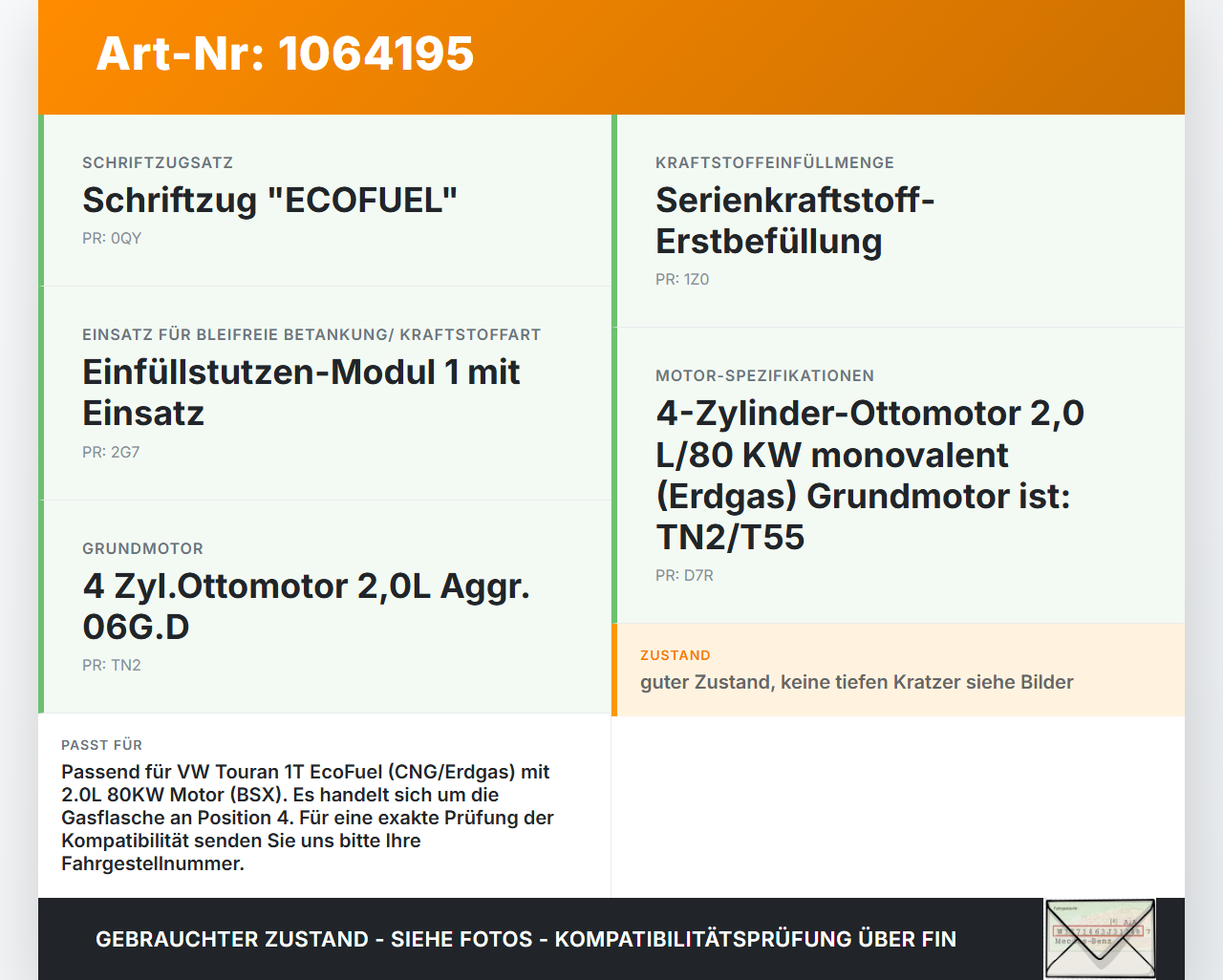 VW Touran 1T 06-10 CNG 2,0 80KW Druckspeicher Gasballon Gastank Pos.4 VW Touran 1T 06-10 06.08.2007 1T0201158A gebraucht Vorschau 3