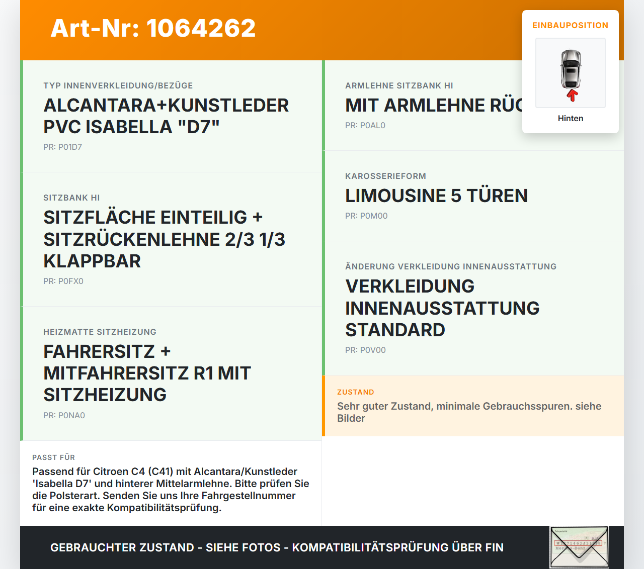 Citroen C4 III 20-24 SchräghLim Sitzbezug Sitzpolster für Rücksitzbank Hinten Citroen C4 III 20-24 26.09.2024... Vorschau 3