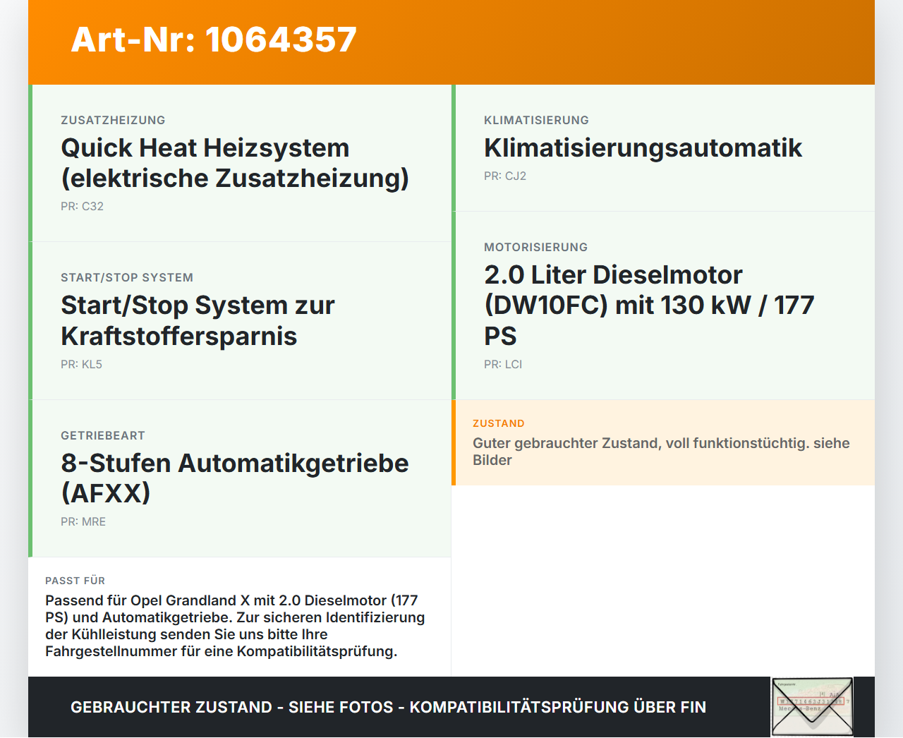 Opel Grandland I 17-21 2,0d 130KW Lüfter Ventilator f. Kühler Opel Grandland I 17-21 29.03.2018 9806313880 gebraucht Vorschau 3