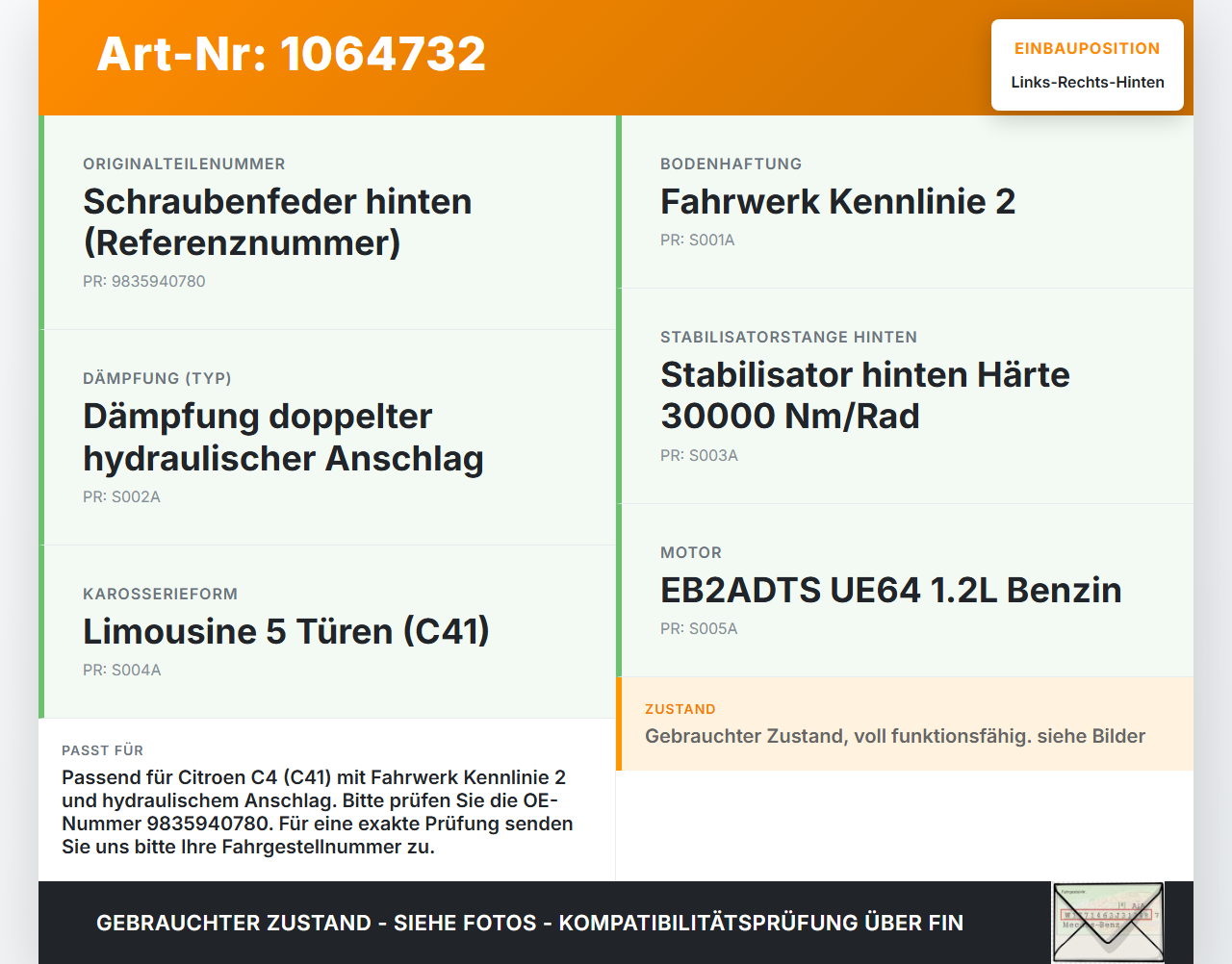 Citroen C4 III 20-24 SchräghLim Federn Hinten Links und Rechts Citroen C4 III 20-24 26.09.2024 9835940780... Vorschau 3