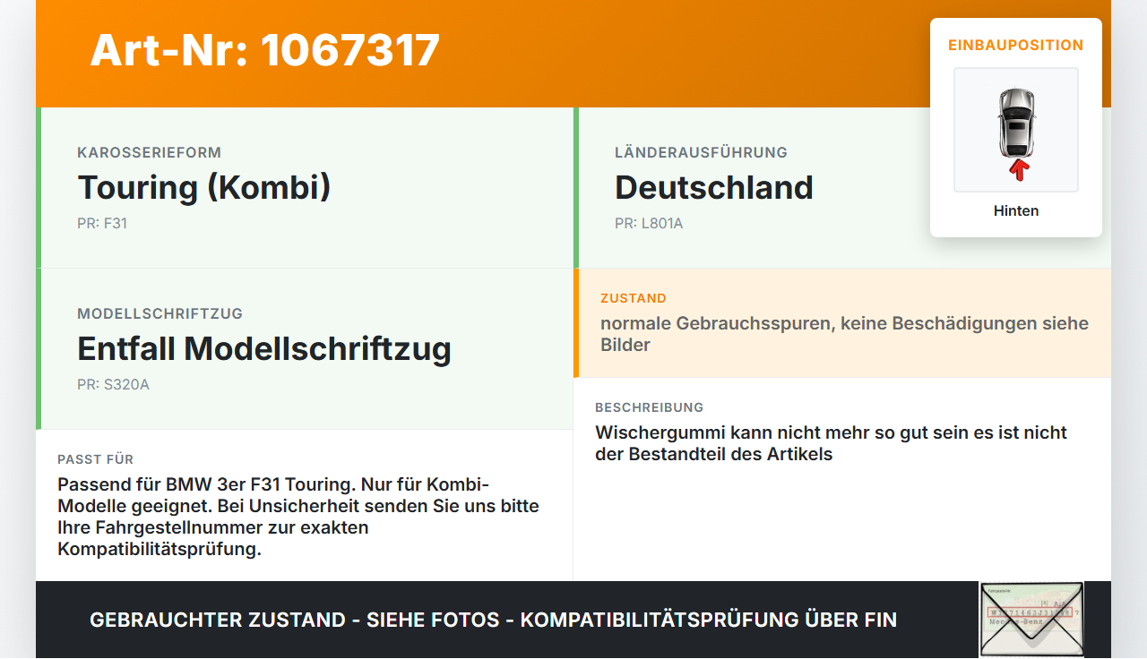 BMW F31 318d 12-15 Kombi Heckwischer Scheibenwischer Hinten Wischarm BMW F31 318d 12-15 28.02.2014 7312792... Vorschau 3