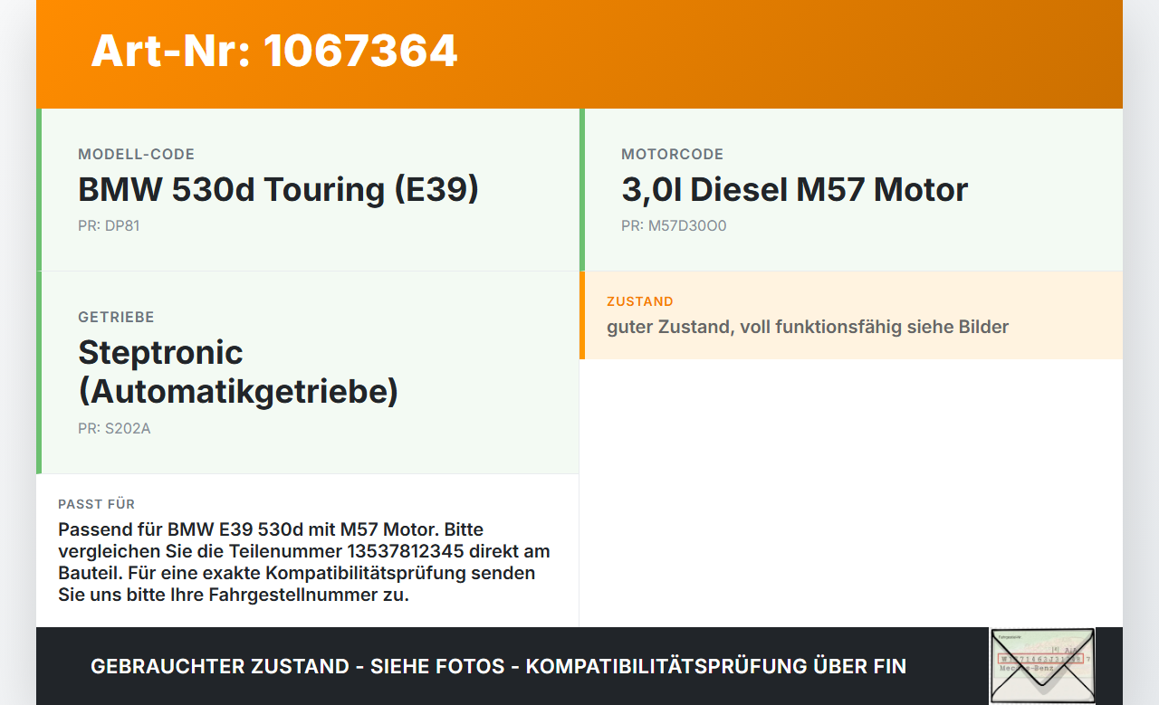 BMW 5er E39 530d 00-04 3,0d 142KW Hochdruck Drucksensor BMW 5er E39 530d 00-04 09.04.2002 7812345 13537812345... Vorschau 3
