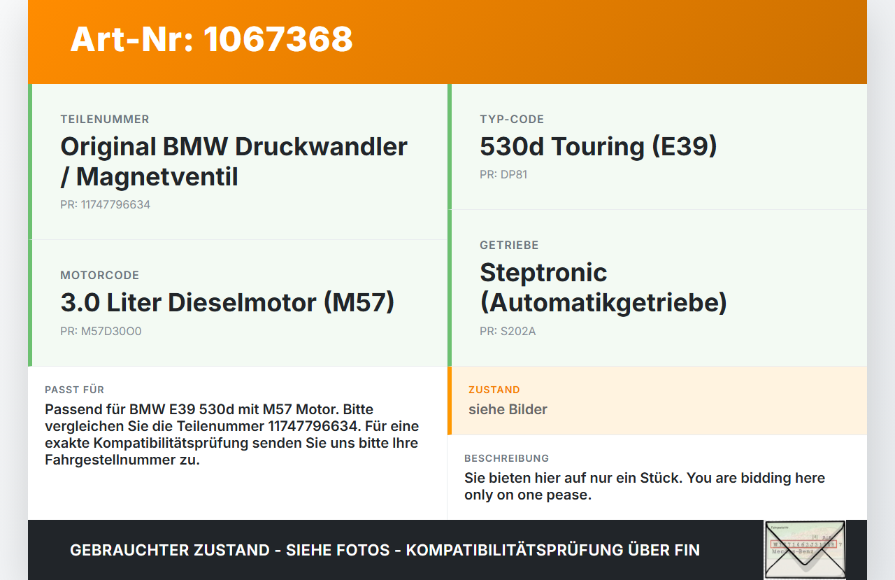 BMW 5er E39 530d 00-04 3,0d 142KW Magnetventil Druckwandler BMW 5er E39 530d 00-04 09.04.2002 7796634 11747796634... Vorschau 3