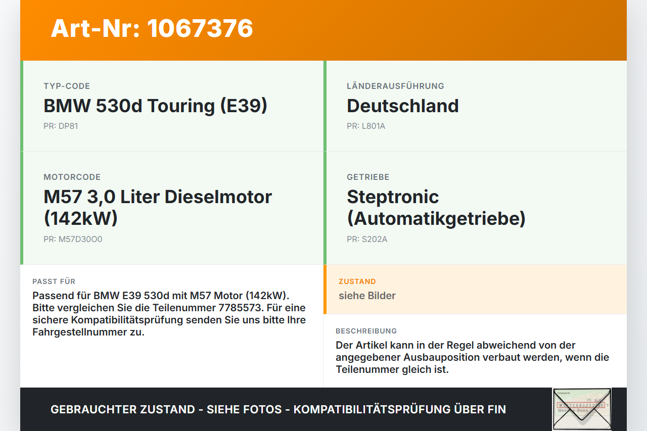 BMW 5er E39 530d 00-04 3,0d 142KW Injektor Einspritzdüse Zyl.4 BMW 5er E39 530d 00-04 09.04.2002 7785573... Vorschau 3