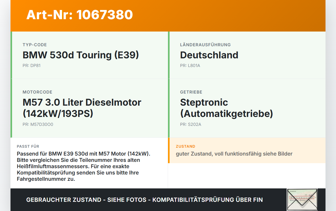 BMW 5er E39 530d 00-04 3,0d 142KW Luftmassenmesser Heißluftfilamentmesser BMW 5er E39 530d 00-04 09.04.2002... Vorschau 3