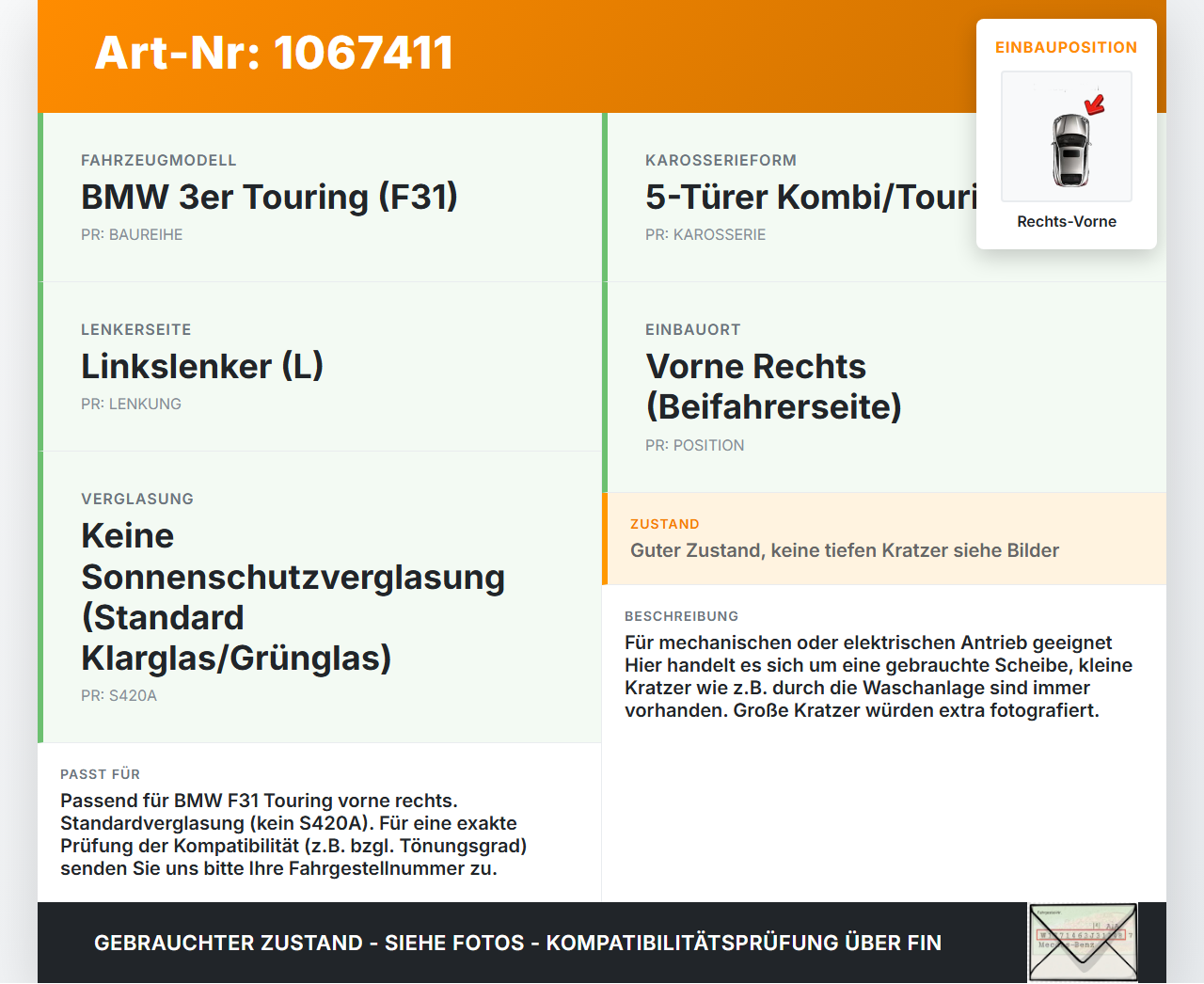 BMW F31 318d 12-15 Kombi RVK Seitenscheibe für Tür Türscheibe Rechts Vorne BMW F31 318d 12-15 28.02.2014 7259826... Vorschau 3