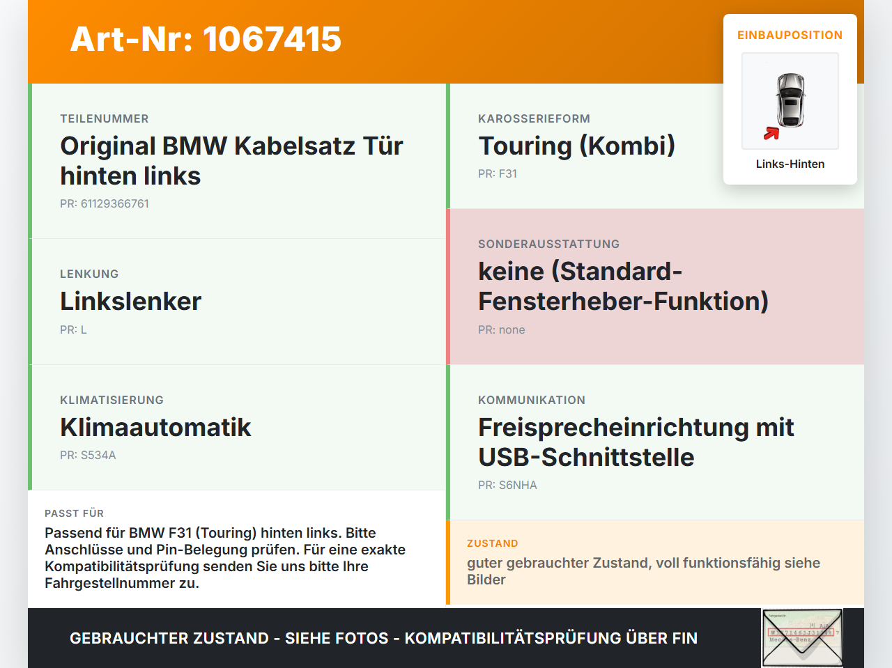 BMW F31 318d 12-15 Kombi Kabelbaum für Tür und Fensterheber Links Hinten BMW F31 318d 12-15 28.02.2014 9366761... Vorschau 3
