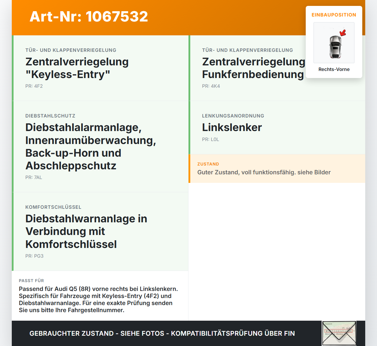 Audi Q5 8R 12-16 Türschloss m. ZV Stellmotor Rechts Vorne Audi Q5 8R 12-16 04.10.2016 8J1837016E gebraucht Vorschau 3