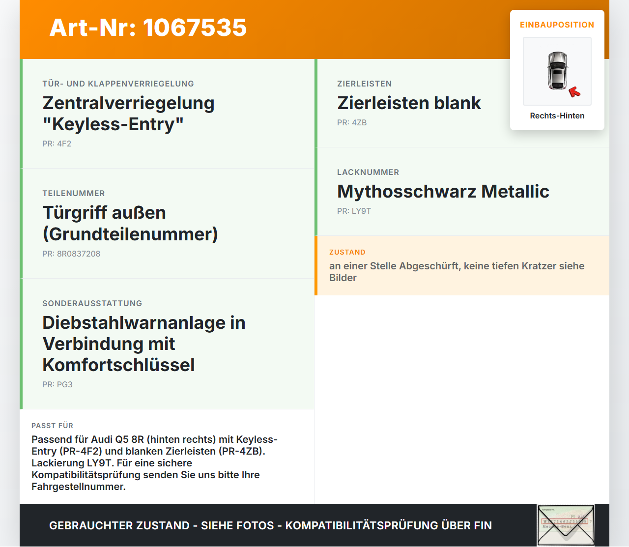 Audi Q5 8R 12-16 Türgriff Griff aussen Rechts Hinten Keyless Entry LY9T Audi Q5 8R 12-16 04.10.2016 8R0837208 gebraucht Vorschau 3