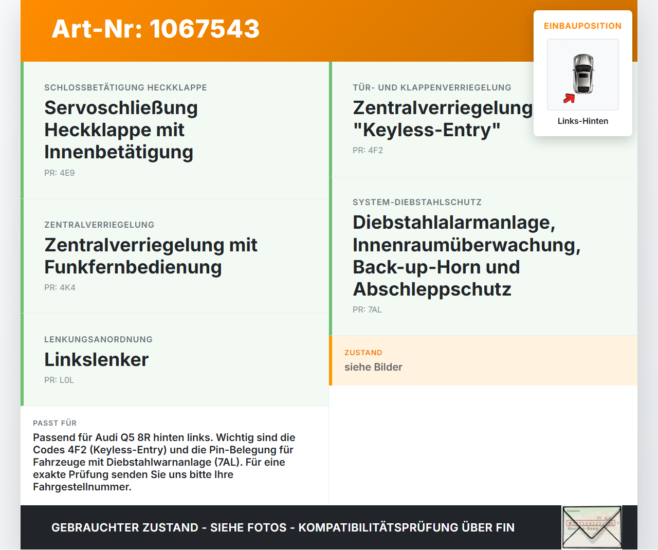Audi Q5 8R 12-16 Türschloss m. ZV Stellmotor Links Hinten Audi Q5 8R 12-16 04.10.2016 8K0839015F gebraucht Vorschau 3