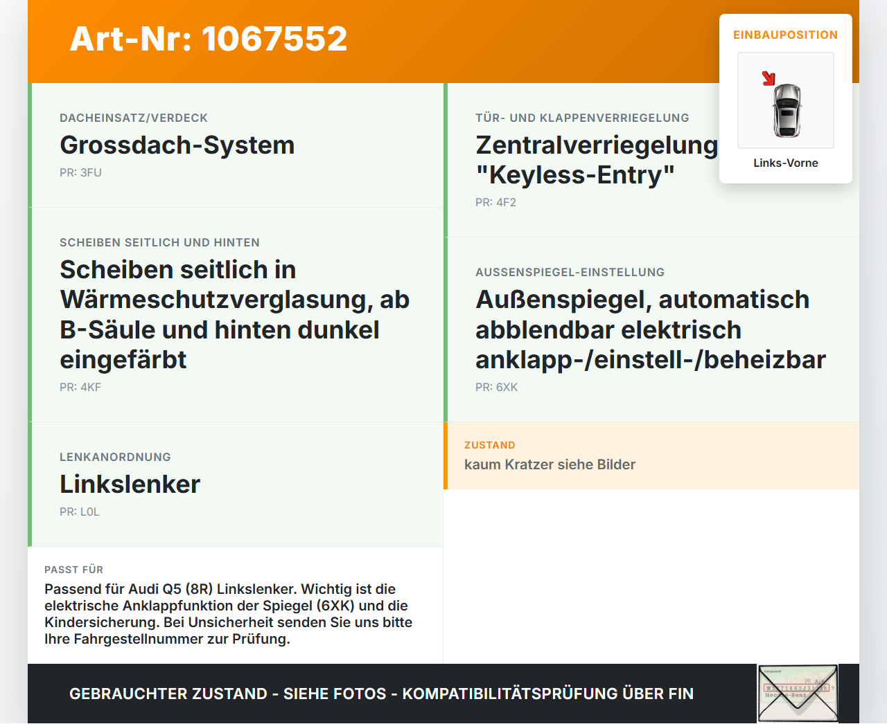 Audi Q5 8R 12-16 Fensterheberschalter Schalter Links Vorne Audi Q5 8R 12-16 04.10.2016 8K0959851F 2306-02S gebraucht Vorschau 3
