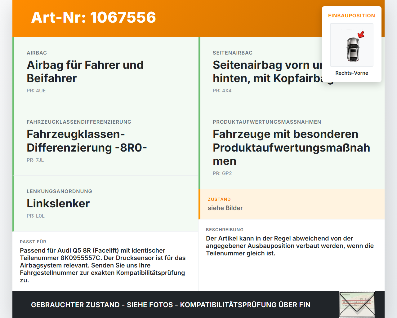 Audi Q5 8R 12-16 Sensor Airbag Crashsensor Airbagsensor Rechts Vorne Audi Q5 8R 12-16 04.10.2016 8K0955557C... Vorschau 3