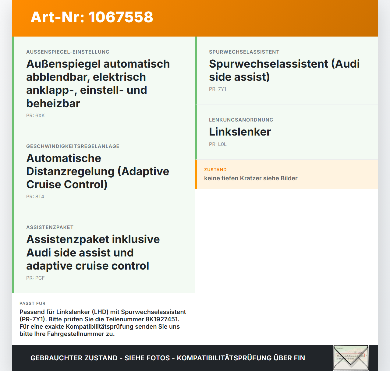 Audi Q5 8R 12-16 Schalter Totwinkelassistent On Off Audi Q5 8R 12-16 04.10.2016 8K1927451 gebraucht Vorschau 3