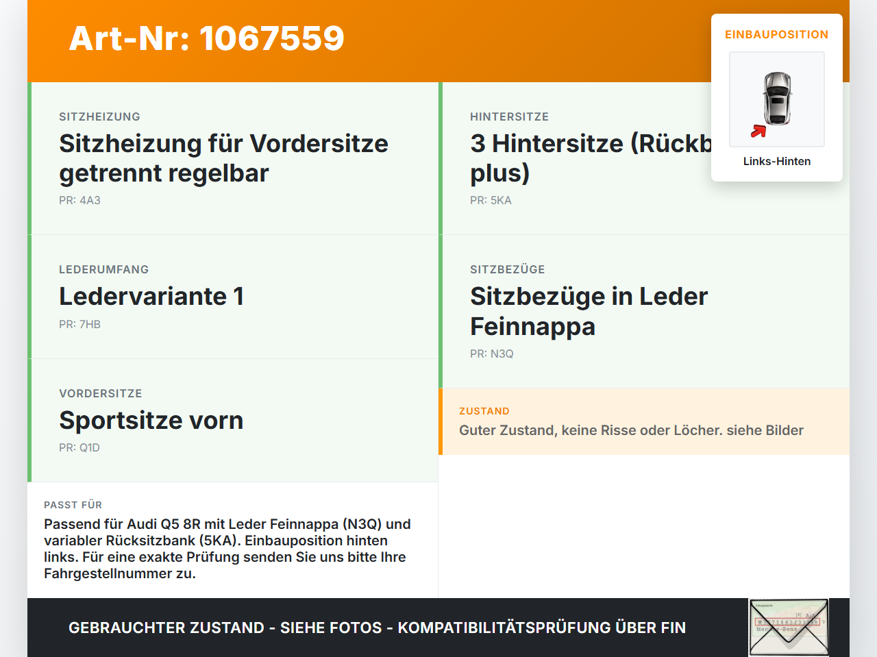Audi Q5 8R 12-16 Sitzbezug Sitzpolster Links für Rücksitzbank Hinten Audi Q5 8R 12-16 04.10.2016 8R0885405L gebraucht Vorschau 3