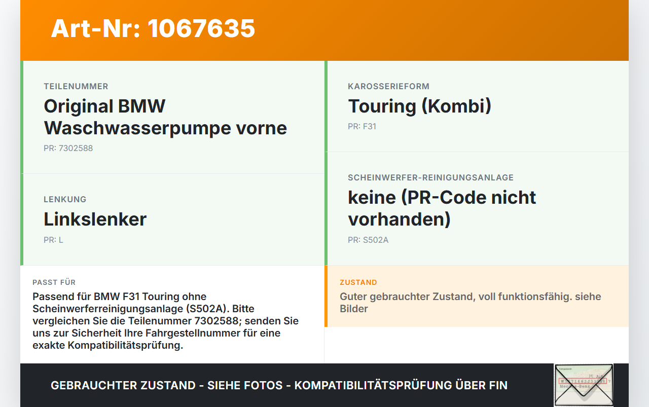 BMW F31 318d 12-15 Waschwasserpumpe Wischwasserpumpe Waschpumpe Vo. BMW F31 318d 12-15 28.02.2014 67127302588... Vorschau 3
