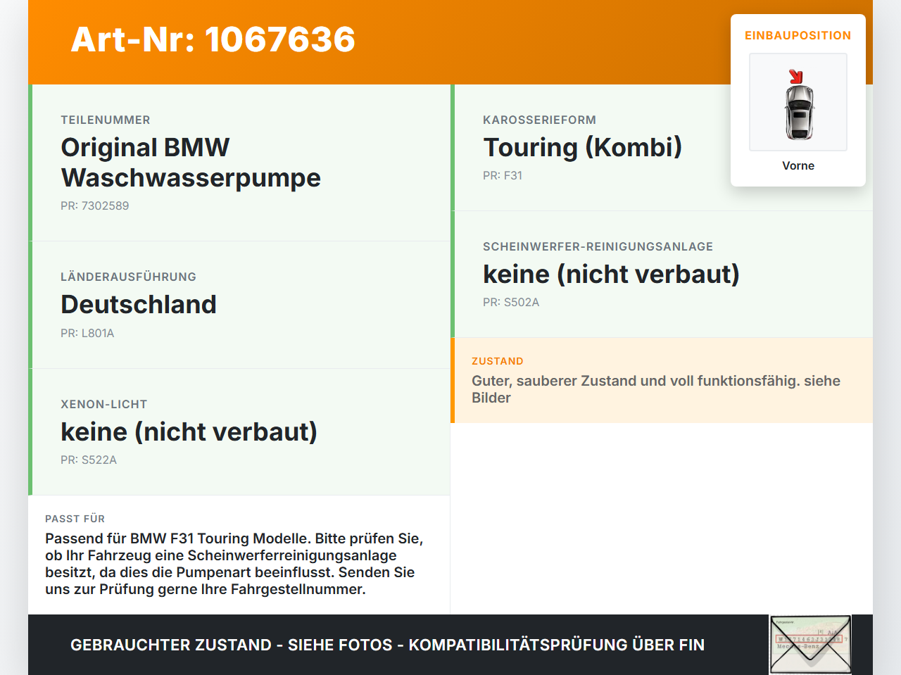 BMW F31 318d 12-15 Waschwasserpumpe Wischwasserpumpe Waschpumpe Vorne BMW F31 318d 12-15 28.02.2014 67127302589... Vorschau 3