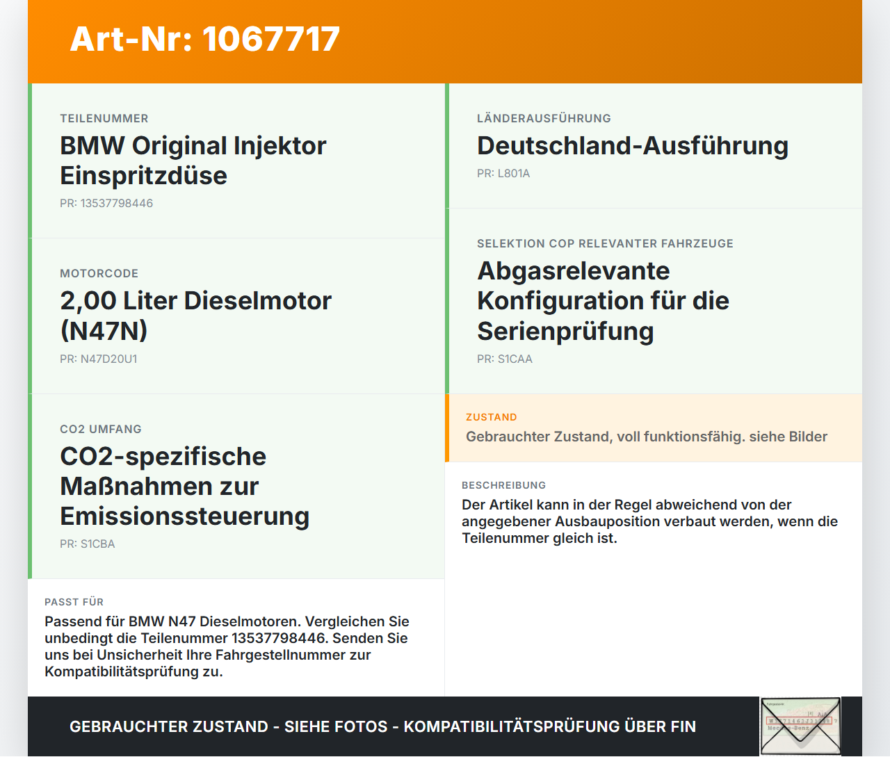 BMW F31 318d 12-15 2,0d 105KW Injektor Einspritzdüse Zyl.1 BMW F31 318d 12-15 28.02.2014 13537798446 7798446... Vorschau 3