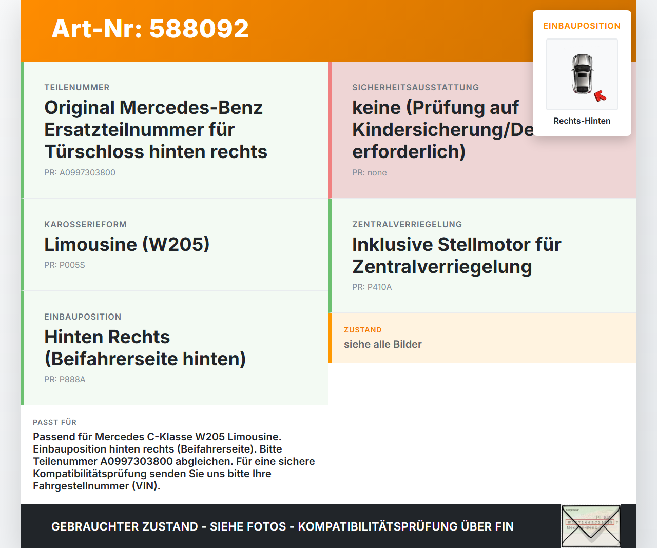 Mercedes C200 W205 14-18 Lim Türschloss m. ZV Stellmotor Rechts Hinten Mercedes C200 W205 14-18 24.02.2016... Vorschau 3