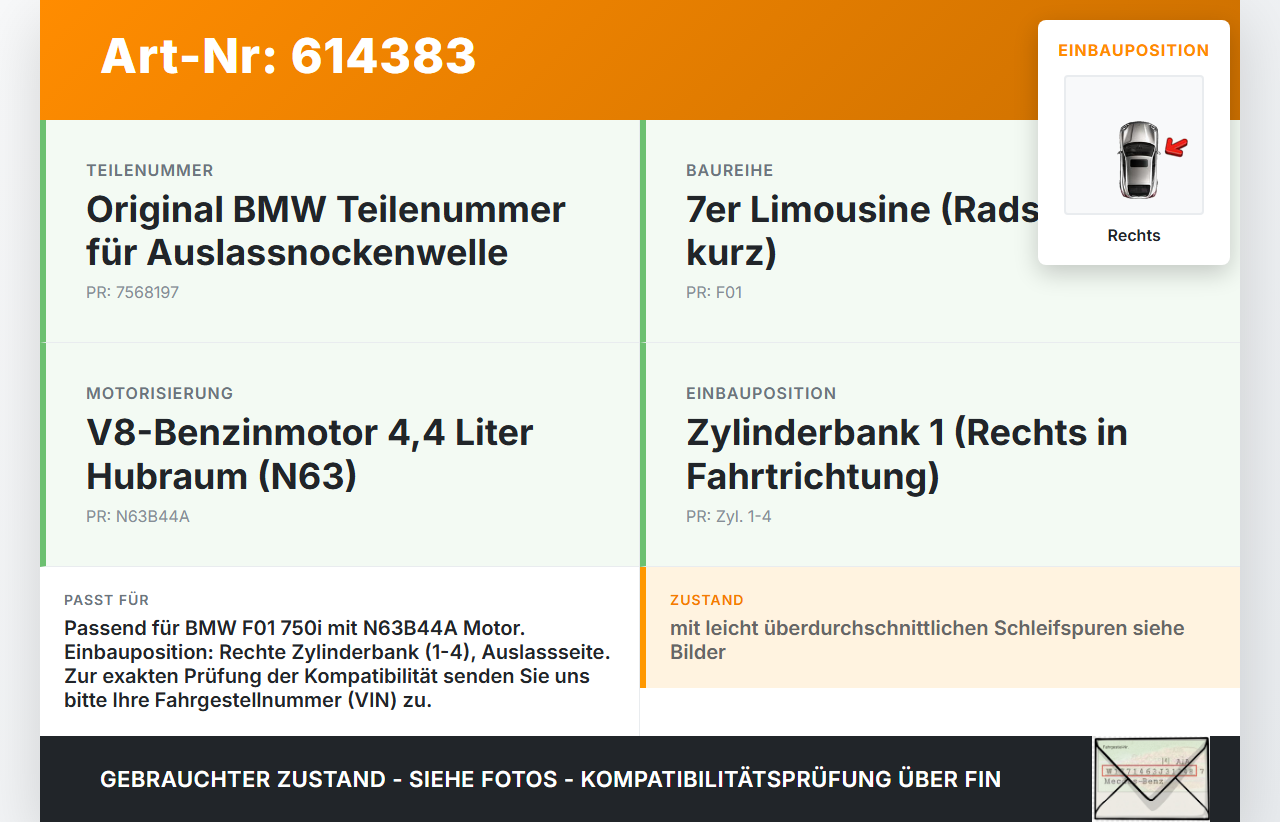 BMW F01 750i 08-12 4,4 300KW N63 B44 A Nockenwelle Rechts Auslass 1-4 BMW F01 750i 08-12 15.07.2009 7568197... Vorschau 3