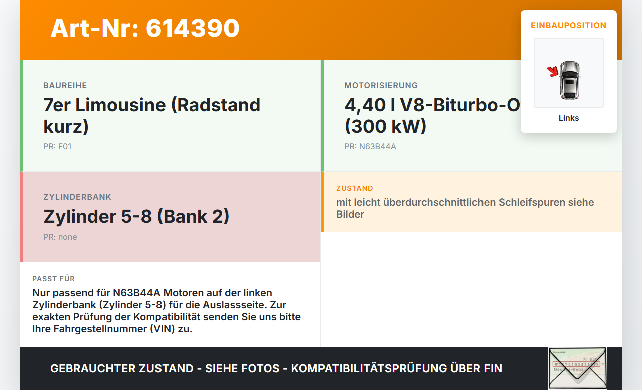 BMW F01 750i 08-12 4,4 300KW N63 B44 A Nockenwelle Auslass Links 5-8 BMW F01 750i 08-12 15.07.2009 1085022-02... Vorschau 3
