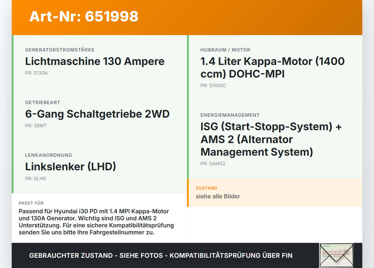 Hyundai I30 PD 16-20 MPI 1,4 73KW Lichtmaschine Generator 130A Hyundai I30 PD 16-20 14.09.2018 37300-03AB0 8400443... Vorschau 3