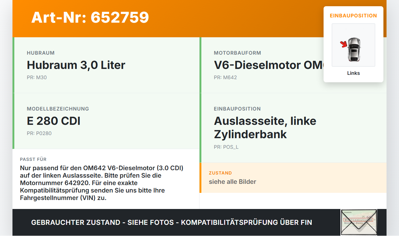 Mercedes S211 W211 E280 02-06 CDI 3,0 140KW 642920 Nockenwelle Auslass Links Mercedes S211 W211 E280 02-06... Vorschau 3