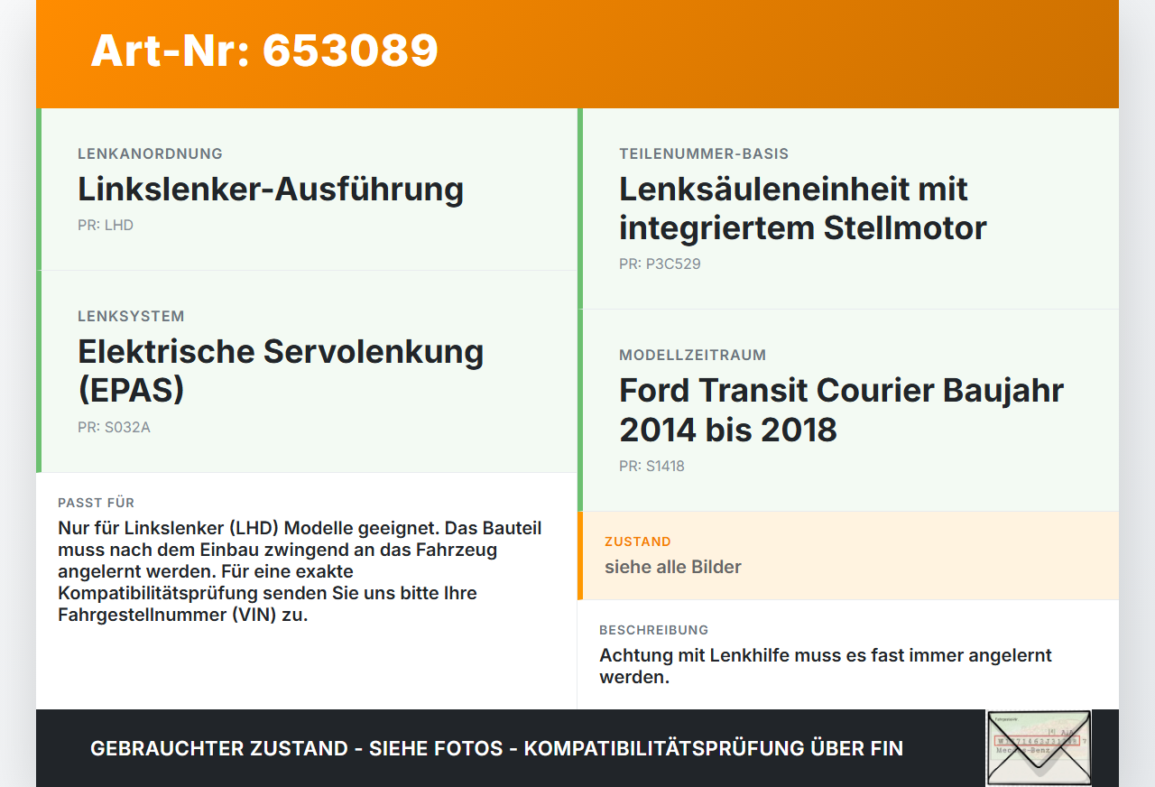 Ford Transit Courier 14-18 Lenkhilfe elektr. Ford Transit Courier 14-18 19.11.2014 AY11-3C529-GE AY113C529CS gebraucht Vorschau 3