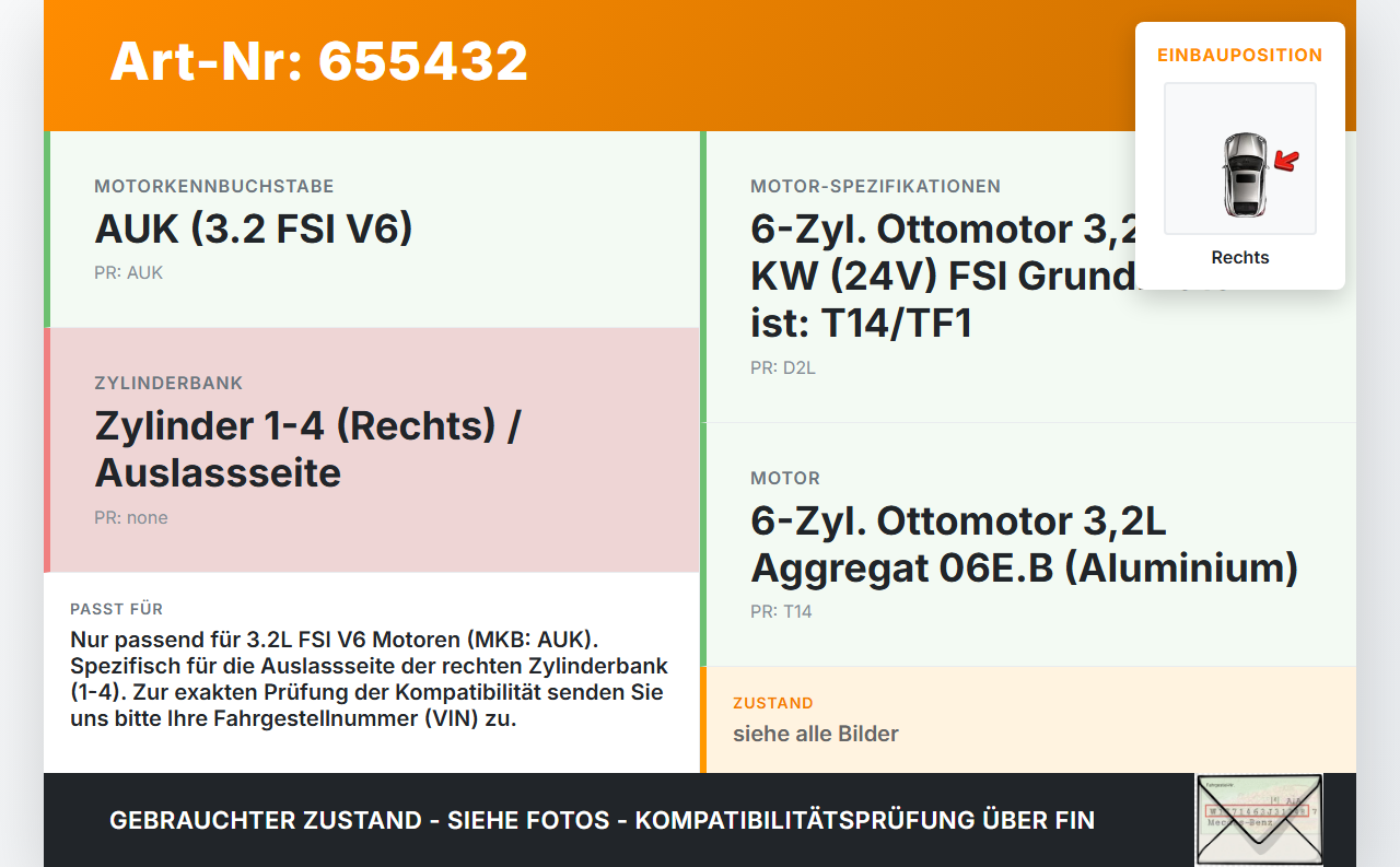 Audi A6 4F C6 04-08 FSI 3,2 188KW AUK Nockenwelle Auslass Rechts 1-4 Audi A6 4F C6 04-08 04.08.2005 06E109102AL... Vorschau 3