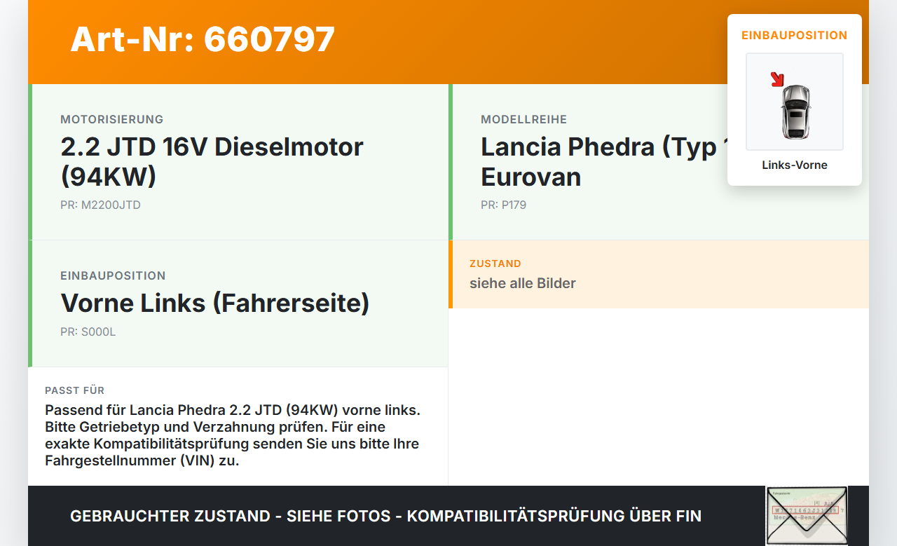 Lancia Phedra 179 807 C8 02-08 JTD 2,2 94KW Antriebswelle Gelenkwelle Links Vorne Lancia Phedra 179 807 C8 02-08... Vorschau 3
